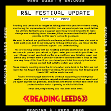 Melvin and his team decided to plan 2021 and make sure it's the amazing festival it needs to be. Reading Leeds Fest On Twitter We Re So Sorry To Announce That Reading And Leeds 2020 Will No Longer Be Taking Place Please Read Our Full Statement Below Keep Safe And See