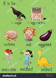 E letter words are given in english. Poster Letter E Different Words Illustration Stock Vector Royalty Free 411835123 Shutterstock