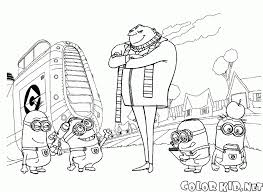 The evil gru, the orphans margo, edith and agnes and three of the gru's. Coloring Page Gru And Minions