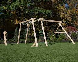 White Cedar Monkey Bars And Swing Set With Turning Bar Swing Set Diy Backyard Activities Swing Set