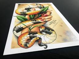 Another common name is miter snake referring to the head marking which suggests a bishop's mi. Neo Traditional Western Ground Snake In Female Hand With Green Etsy Traditional Tattoo Leaves Neo Traditional Art Prints