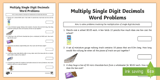 grade 6 multiply single digit decimals word problems worksheet worksheet