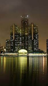 Detroit Michigan Usa America Night View Lights Skyscrapers Houses Buildings Detroit Skyline Detroit Michigan Detroit City