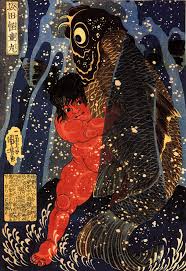 sakata kintoki struggling with a huge carp in a waterfall by utagawa kuniyoshi 1836 歌川国芳 アジアのアート 日本の民話