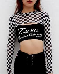 Black And White Checkered Tank Top Checkerboard Extreme Crop Top For Women Checkered Long Sleeve Ttee Women Long Sleeve Tops Crop Tops Long Sleeve