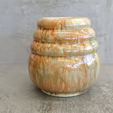 Art Deco Australian Pottery Beehive Vase Unmarked Drip Glaze Apricot Lemon 13cm Pottery Art Deco Vase