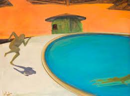 Measuring 242.5 centimetres (95.5 in) by 243.9 centimetres (96.0 in), it depicts a swimming pool beside a modern house, disturbed by a large splash of water created by an unseen figure who has apparently just jumped in from a diving board. A Bigger Splash And The Relationship Between Painting And Performance