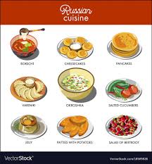 Russian Cuisine Traditional Food Dishes Of Pancakes Cucumber Pickles Or Borscht And Potato Patty Okroshka Vegetable So Food Infographic Food Traditional Food