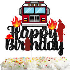 Amazon Com Fire Truck Happy Birthday Black Red Glitter Cake Topper Firefighter Fireman Theme Decorations Baby Shower Birthday Party Decor Supplies Grocery Gourmet Food