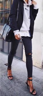 Black Blazer Outfits Women S Fall Outfits Women S Black Pinstripe Blazer Black Distressed Denim Pants And Black Heels Outfit Autumn Street Style Classy Fall Outfits Street Style Outfit