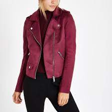 River Island Burgundy Faux Suede Biker Jacket In Red Lyst