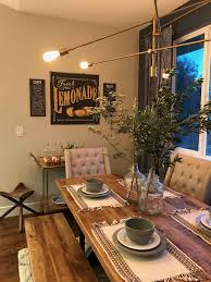 Modern Farmhouse Styled Dining Room With Navy Accent Wall Farmhouse Table And Gold Accents Barcart Vintage Decor Living Room Scandinavian Dining Room Bench