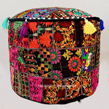 Small Black Multi One Of A Kind Unique Pouffe Ottoman Cover Floor Pillows Unique Flooring Indian Floor