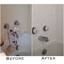 Rather Than Rip Out The Old Vinyl Tile Bathtub Surround And Install Ceramic Tile I Covered It With Pvc Ceiling Tiles Bathtub Surround Bathtub Tile Bathtub