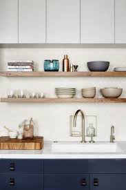 Open Shelving In Kitchen White Backsplash Navy Lower Cabinets White Upper Cabinets White Count Kitchen Remodel Small Kitchen Interior Home Kitchens