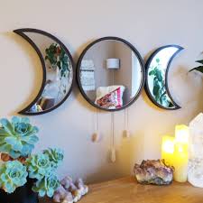 Goddess Triple Moon Mirror Crystal Wall Hanging Coppermoonboutique Moon Decor Boho Living Room Decor Decor