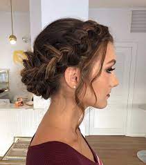 Brown Hair With Highlights In A Braided Bun Wedding Hairstyles For Medium Hair Red Sweater Hair Styles Medium Hair Styles Brown Hair With Highlights