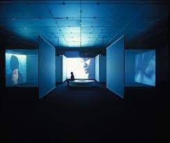 In This Video Installation Eleven Large Translucent Screens Are Arranged To Form A Greek Cross Around Installation Design Installation Art Light Installation