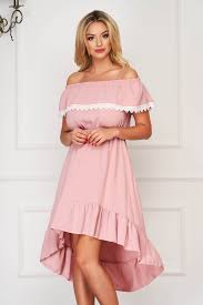 Lightpink Dress Asymmetrical Daily Off Shoulder With Ruffles On The Chest