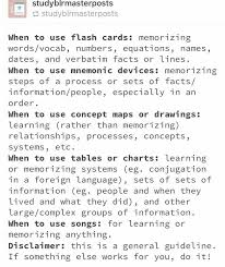When To Use Flashcards Mnemonic Devices Songs Tumblr Post On Studying Study Tips College School Motivation Life Hacks For School