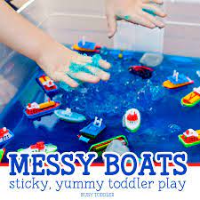 How often do you offer toddlers messy play activities? Messy Boats Sticky Yummy Toddler Play Busy Toddler