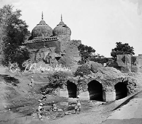 The heavily damaged Shahi mosque of the palace 'Qudsia Bagh' near the Custom House Battery in Delhi, India, 1858, following the events of 1857. The Qudsia Bagh complex was constructed in 1748