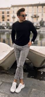 Black And White Check Pants Mens Monochrome Fall Outfit With A Black Sweater Sunglasses Gray Plaid Pants Black Leather Banded Watch No Sho Mens Clothing Styles Mens Outfits Mens Fashion Trends