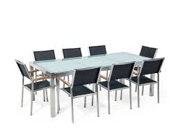 Get outdoors for some landscaping or spruce up your garden! Garden Table And Chairs Set Cracked Ice Glass 220 Cm 8 Black Chairs Tulius