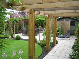 Timber Pergola Using Chunky Posts To Support Cross Beams From A Garden Design By Sue Davis Of Outside Rooms Co Uk Outdoor Pergola Timber Pergola Pergola