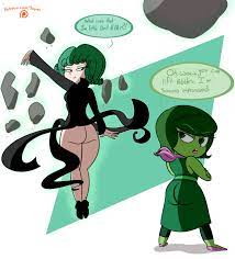 2girls ass back view crossover dat ass disgust (inside out)  disney eastern and western character eyelashes eyeshadow green skin inside  out no panties one-punch man pixar simple background supesnsfw