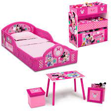 Disney 4 piece toddler bedding set mickey mouse playhouse blue/white, fits standard toddler beds with a 52 x 28 mattress. Disney Minnie Mouse 5 Piece Toddler Bedroom Set By Delta Children Includes Toddler Bed Table 2 Ottoman Set Multi Bin Toy Organizer Walmart Com Walmart Com