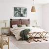 Nathan james harlow wall mount faux leather or fabric upholstered headboard, adjustable height vintage brown straps with black matte metal rail, full queen. 1
