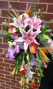 Tropical Bird Of Paradise Arizona Tropical Cascade Bouquet Calla Lily Bird Of Paradise Lily Orchids Eucalytpus Bird Of Paradise Wedding Calla Lily Bouquet Wedding Paradise Wedding
