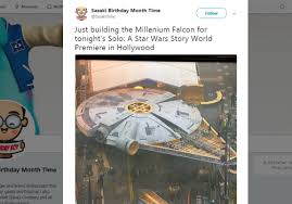 A representation of the millennium falcon in its original form as depicted in solo: The Millennium Falcon Landed On Hollywood Boulevard Just In Time For Solo A Star Wars Story Premiere Daily News