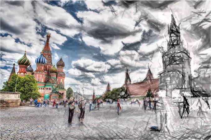 A split view showing the Kremlin in Moscow and a digital conceptual illustration of geopolitical uncertainty.