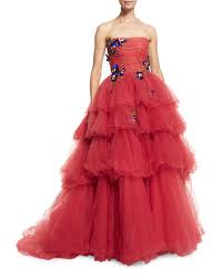 Monique Lhuillier Strapless Embellished Tiered Tulle Ball Gown Cherry Ball Gowns Gowns Tulle Ball Gown