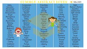 Abstract Nouns 160 Common Abstract Nouns From A Z 7 E S L Abstract Nouns Nouns Abstract Noun