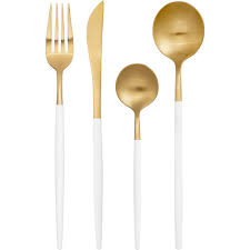 Menagere 16 Pieces En Inox Dore Et Manche Blanc Revel Menagere Couverts Dores Couverts De Table Vaisselle De Fete