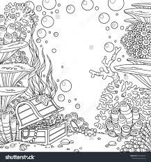 Underwater World With Corals And Treasure Chest Outlined Isolated On White Background Coral Drawing Water Animals Art Animal Coloring Pages