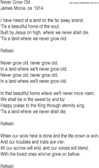 Hymn and Gospel Song Lyrics for Never Grow Old by James Moore ca