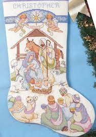 Bay leaf aida or 32ct. Kooler Design Studio Nativity With Angels Stocking Cross Stitch Pattern 123stitch
