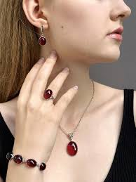 Silver Rhodium-plated & Cherry Amber Link Bracelet With Plaited Bezel,  Classic Oval Baltic Amber Gemstones, Elegant, Classic