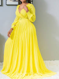 ericdress plus size pleated floor length expansion yellow dress