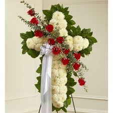 I M Going To Make This With Deep Red Maroon Flowers Instead Of White Then I M Going To Put A Gothi Funeral Flower Arrangements Funeral Floral Funeral Flowers