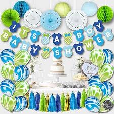 Homemade baby shower decorations can be just as beautiful as store bought items you pay a small fortune for. Boy Baby Shower Decorations Blue Gold Green White Rain Meadow