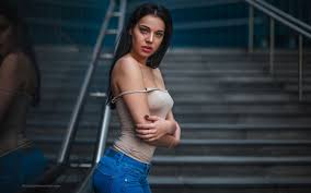 Photo jeans, stairs, brunette, nipple through clothing, arms ...