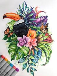 Easy Flowers To Draw Toucan Bird Flowers Butterflies Around It Colored Drawing White Background In 2020 Flower Drawing Painting Art Projects Cute Flower Drawing