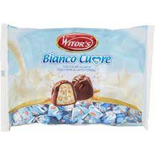 Pezzi di cioccolato al latte (14%) (zucchero, burro di cacao, latte intero in polvere, pasta di cacao, oli vegetali non idrogenati {palma, karitè, shorea robusta (sal), mango} in proporzioni va iabi li, emulsionante (lecitina di soia)} farina di frumento (8%) cocco disidratato ; Witor S Bianco Cuore Cioccolato Latte Con Crema Al Latte E Cereali