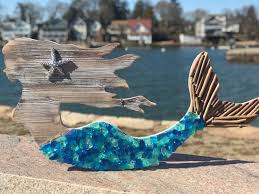 Creative wall and table top wood and metal wall art coastal decor. 31 Large Wood Mermaid Wall Hanging With Beach Glass And Etsy Beach Glass Art Beach Art Beach Glass