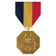 The ribbon to the navy and marine corps medal consists of three equal stripes of navy blue, old gold, and scarlet, in that order. Navy Marine Corps Medal